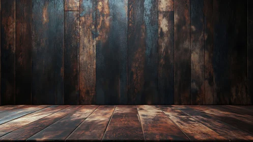 Weathered dark wood interior with moody studio lighting.