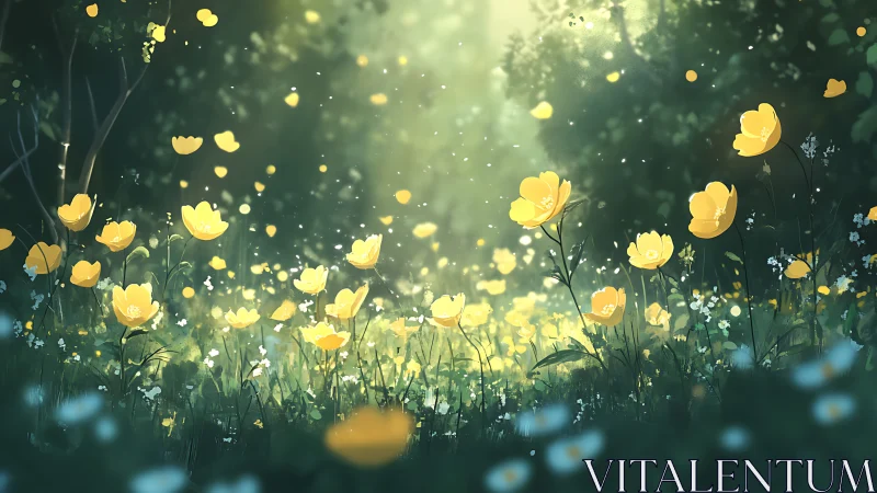 Sunlit yellow wildflower meadow with drifting petals.