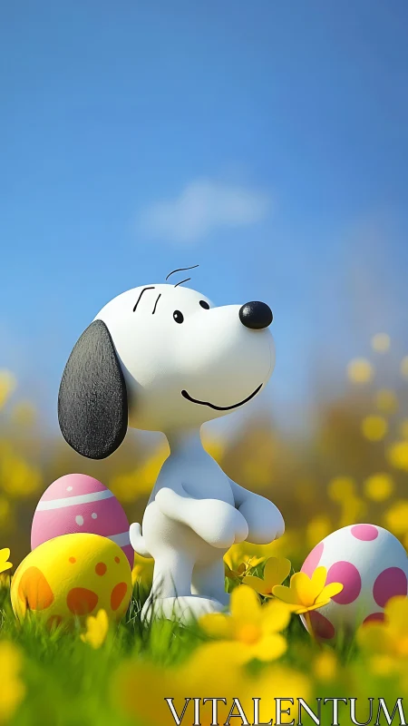Playful cartoon beagle amid glossy Easter eggs in bloom.