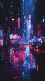 Neon rain slicked cyberpunk street reflects saturated light.
