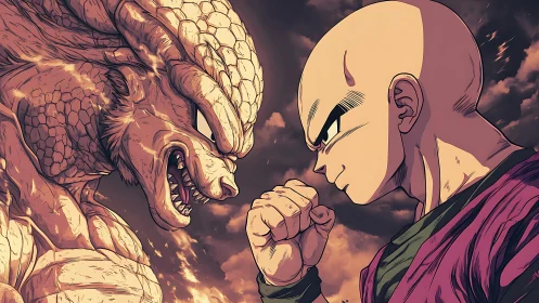 Bald anime fighter faces roaring reptilian monster