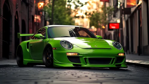 Neon green sports car gleams in a quiet cobblestone street.