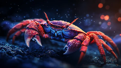 Vibrant red crab advances across glowing seabed at night