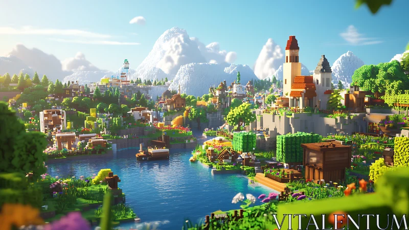 Voxel-rendered lakeside town uses global illumination and depth haze