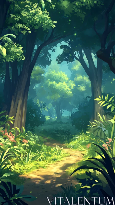 Forest pathway with ambient light through tree canopy