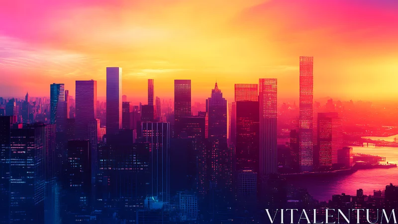 Chromatic gradient skyline under high-saturation sunset field.