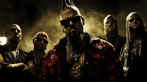 Heavy metal band pose under gritty cinematic backlight.