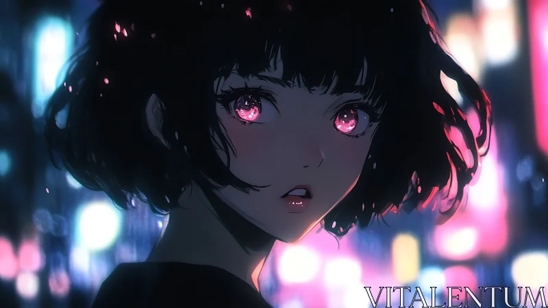 Neon-lit anime girl with glowing eyes in city nightscape.