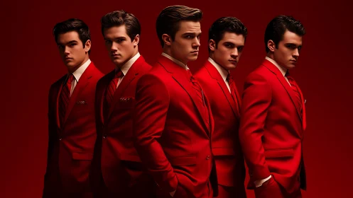 Five young men in matching sharp red suits on red.