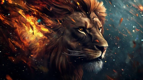 Lion head rendered with flowing mane and fiery light trails