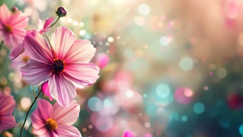 Pink cosmos flowers bloom luminous, soft bokeh garden light.