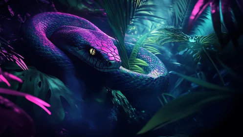 Iridescent serpent coiled in neon bioluminescent jungle scene.