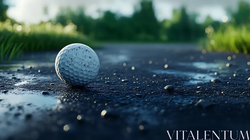 Weathered golf ball on wet asphalt with shallow depth of field.