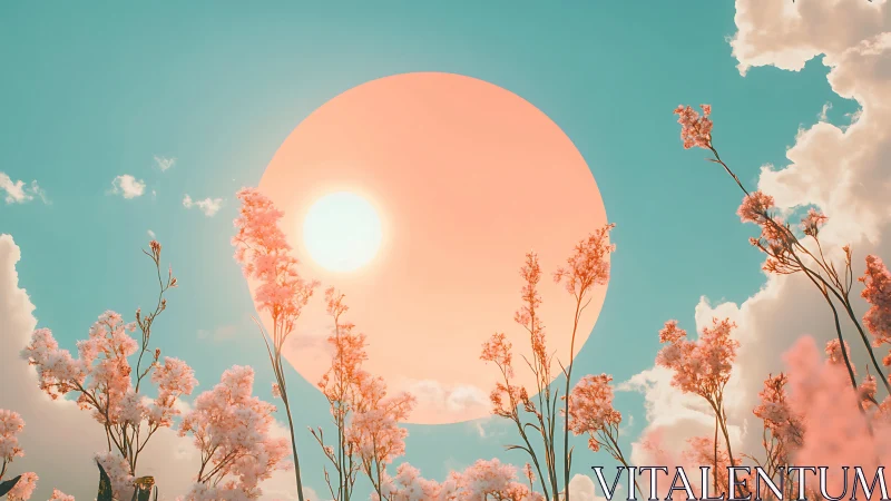 Pastel flowers before large stylized sun in teal sky.