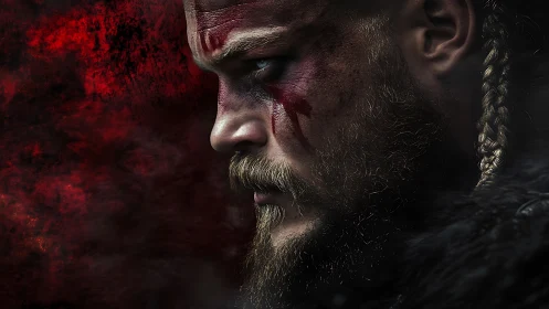 Brooding warrior in red-lit shadows, lost in fierce thought.