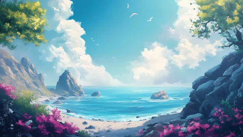 Coastal Cove with Rocky Formations and Blooming Magenta Flora. Digital Seascape.