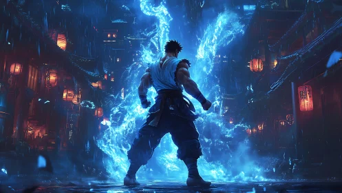 Martial artist commands blue energy in neon alleyway.