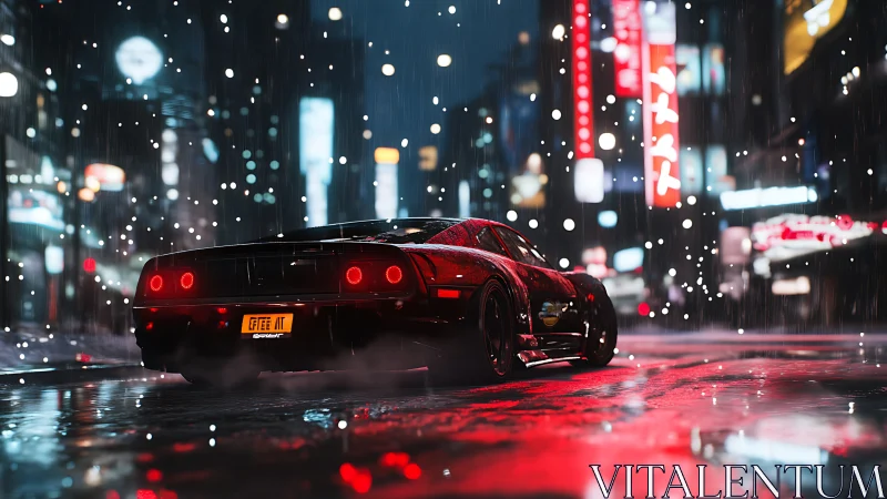 Red supercar cuts through neon city storm at midnight.