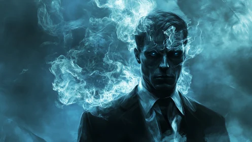 Male figure in suit is enveloped by luminous blue smoke