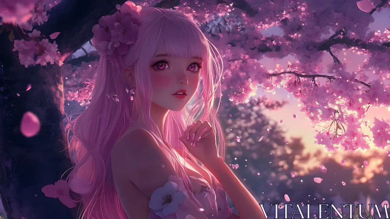 Pink-haired figure stands under dense cherry blossom canopy