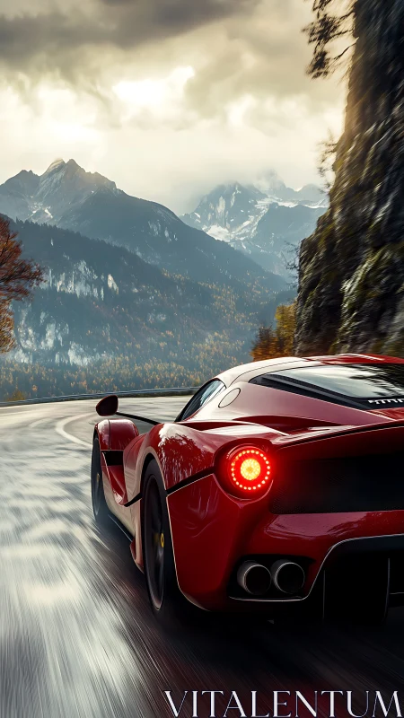 Crimson supercar chasing stormy light through alpine curves.