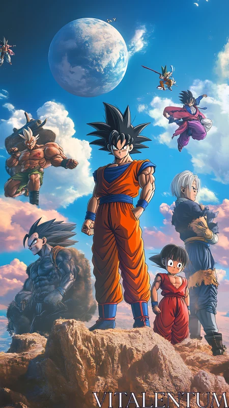 Group of anime warriors on rocky terrain under large planet.