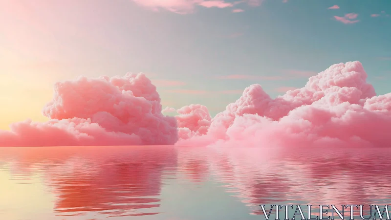 Dreamlike pink clouds drifting above mirrored sea.