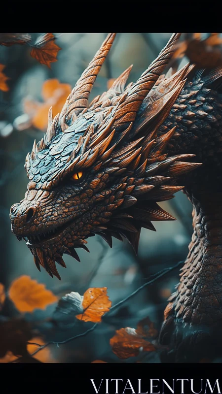 Armored dragon prowls an autumn forest in moody twilight