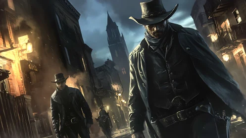 Two armed cowboys walk through a dark wet Western street.