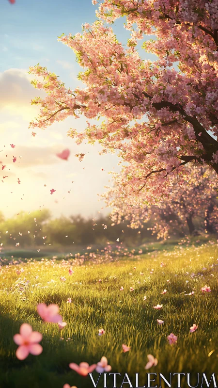 Soft spring breeze through glowing cherry blossom meadow.