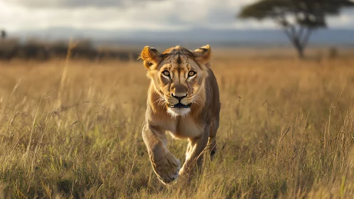 Golden savanna lioness padding softly through tall grass.