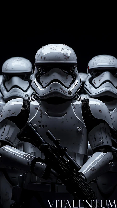 Photorealistic armored troopers in tight frontal formation.