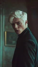 Young man with platinum hair in dark tailored coat.