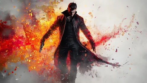 Gunman in long coat amid abstract fiery explosion art.