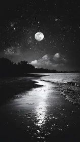 Monochrome lunar shoreline under star-dense nocturnal sky.