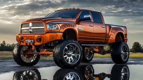 Lifted custom orange pickup truck on reflective wet ground.