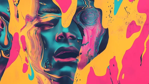 Neon surreal face dissolves into liquid neon dreams.