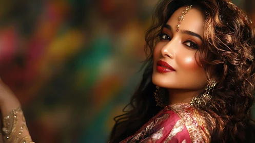 Radiant woman in jeweled sari sharing a soft, playful smile.