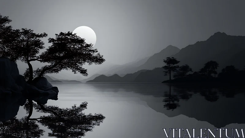 Monochrome moonlit lake reflects layered mountain silhouettes