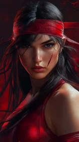 Woman with red headband and scratches in red-toned portrait.