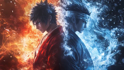 Dual elemental warriors stand divided by fire and ice