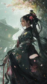 Spring blossoms swirl around a serene kimonoed dreamer.