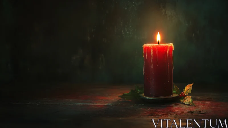 Solitary holly‑crowned crimson candle guards winter hush.