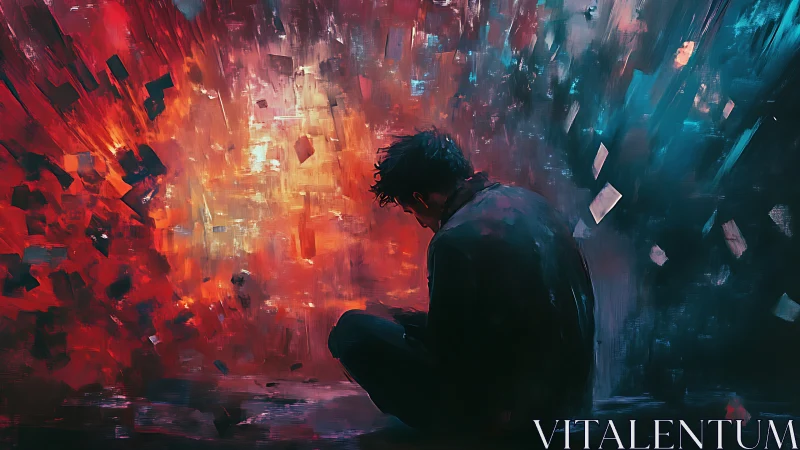Solitary figure amid abstract red blue emotional explosion