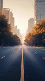 Sunlit urban boulevard with vanishing-point composition.