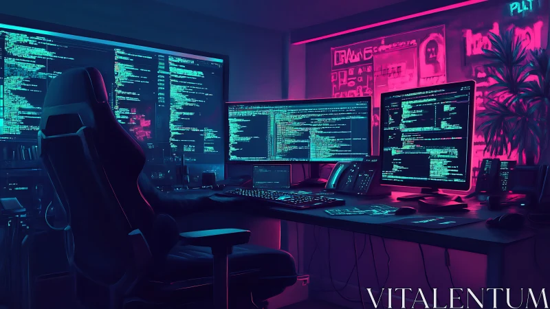 Cyberpunk dual-tone hacker workstation with panoramic displays.