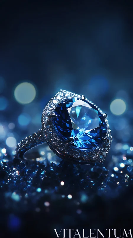 Blue gemstone ring rests on reflective granular surface