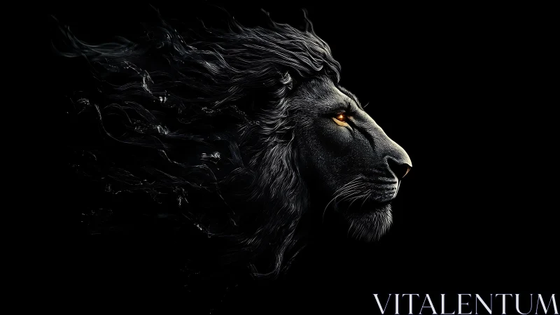 Digital painting profile of black lion with flowing mane.