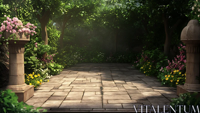 Stone colonnade garden path in volumetric morning light.