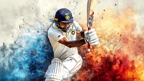Cricket batsman in dynamic digital stroke-field explosion.